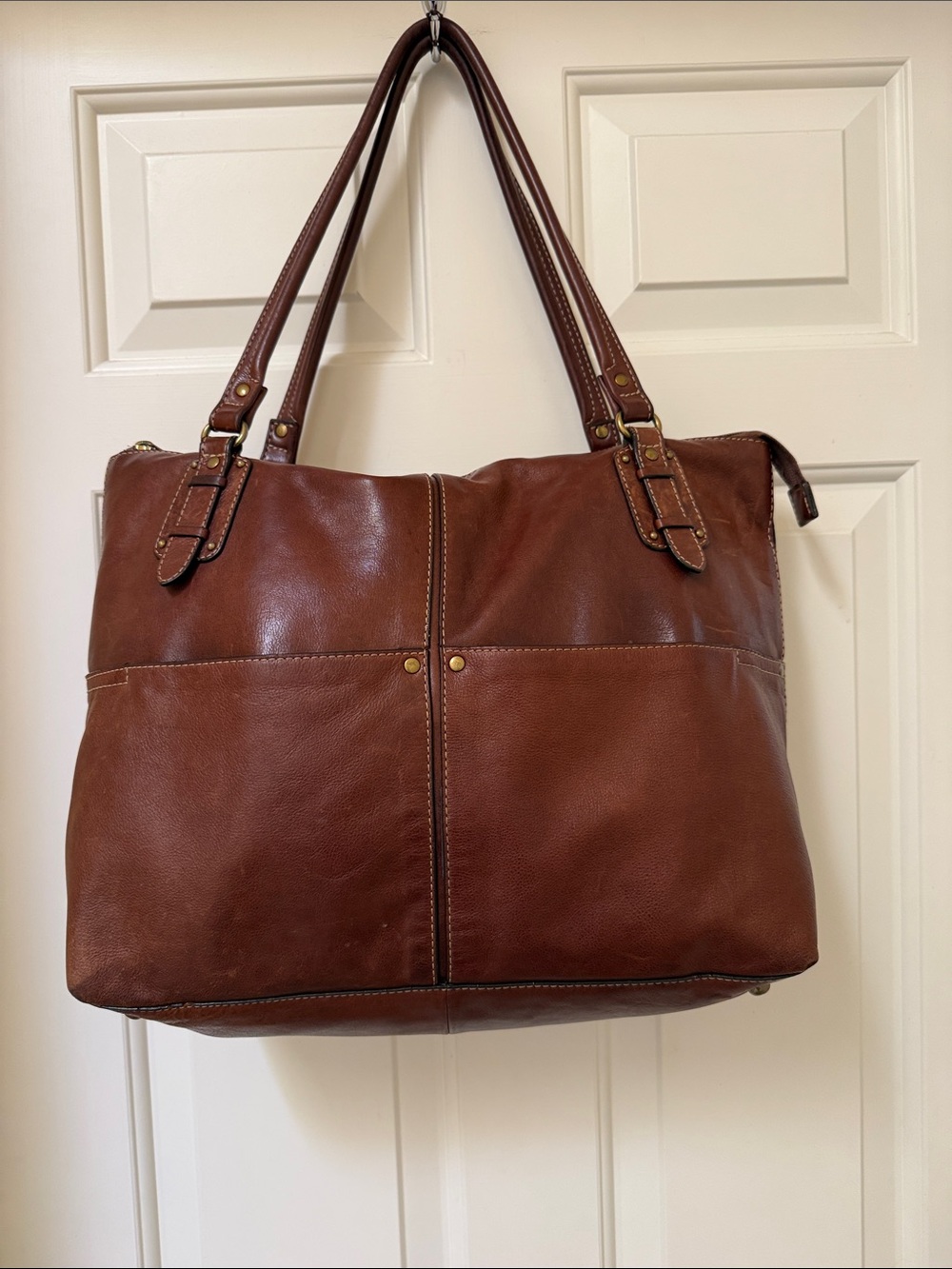 Fossil Long Live Vintage Brown Leather Multi-Pocket Tote Bag